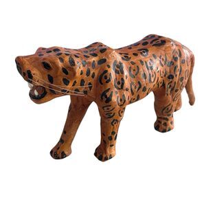 Vintage Paper  Mâché Leather Wrapped Animal Cheetah Leopard Glass Eyes Whiskers